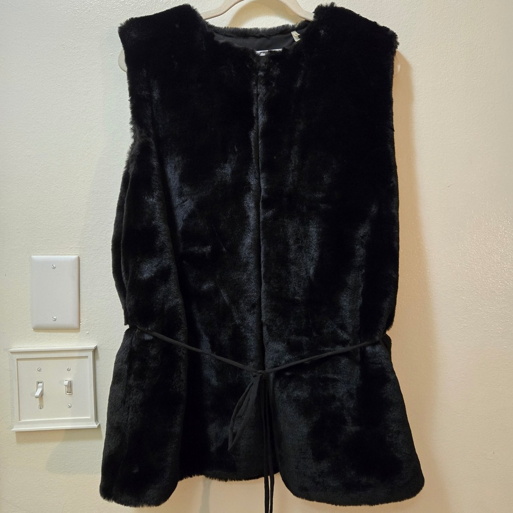 Tahari Faux Fur Vest Womens XL Black Tie Waist Sleeveless Jacket